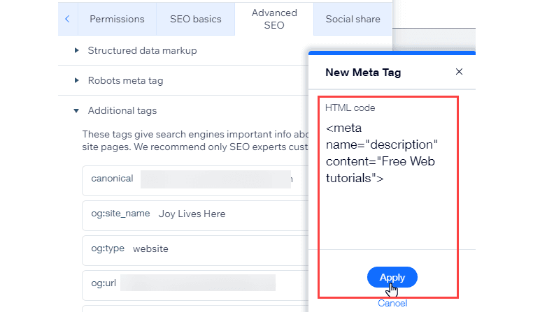 Wix instructions to add a meta tag